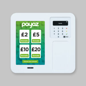A Payaz card machine showing donation amount options.